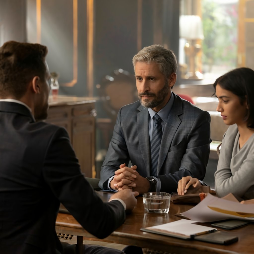 A professional lawyer discussing immigration matters with a hopeful family, symbolizing legal assistance and guidance for immigrants navigating the waiver process.