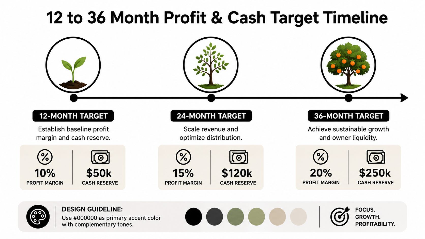 A 12 to 36-month timeline infographic illustrating business growth targets for profit margins and cash reserves.
