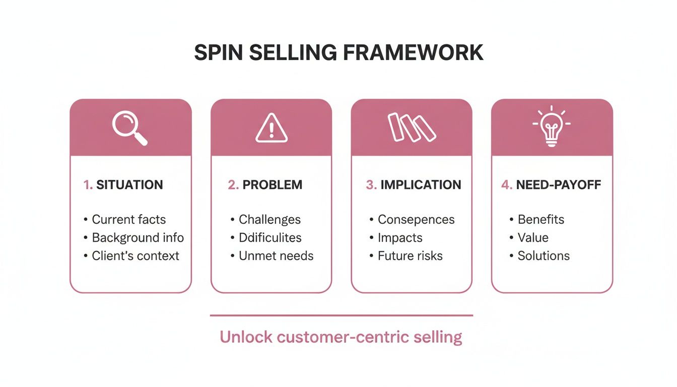 A diagram explaining the SPIN Selling Framework with four steps: Situation, Problem, Implication, Need-Payoff.