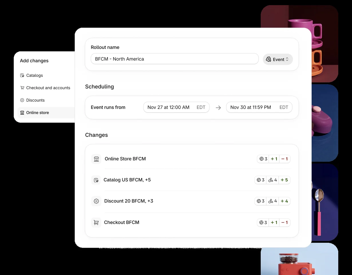 Shopify rollout scheduling a BFCM launch across theme, catalog, discounts and checkout