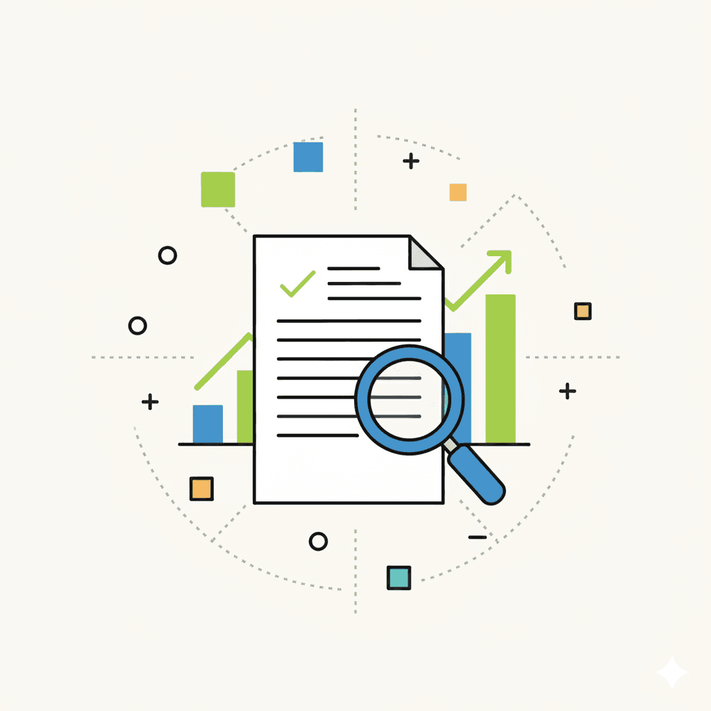 Reporting icon showing a document with a checkmark and lines of text, overlaid on a bar graph with an upward trend, and a magnifying glass.