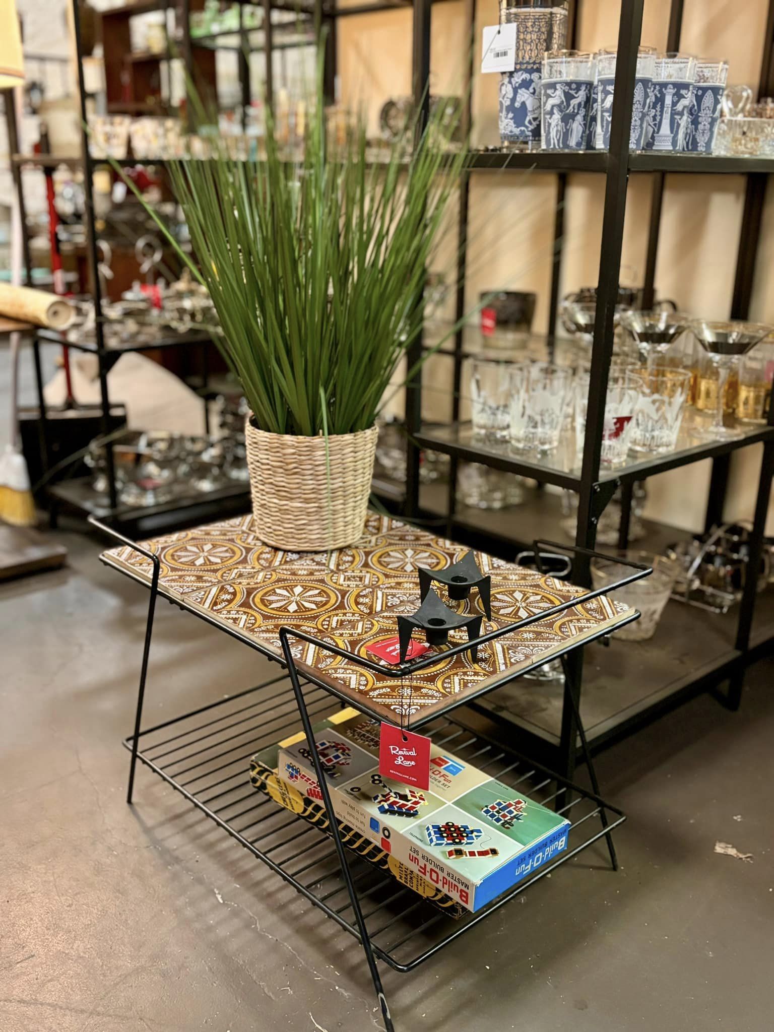 Mid century tile end table and plant