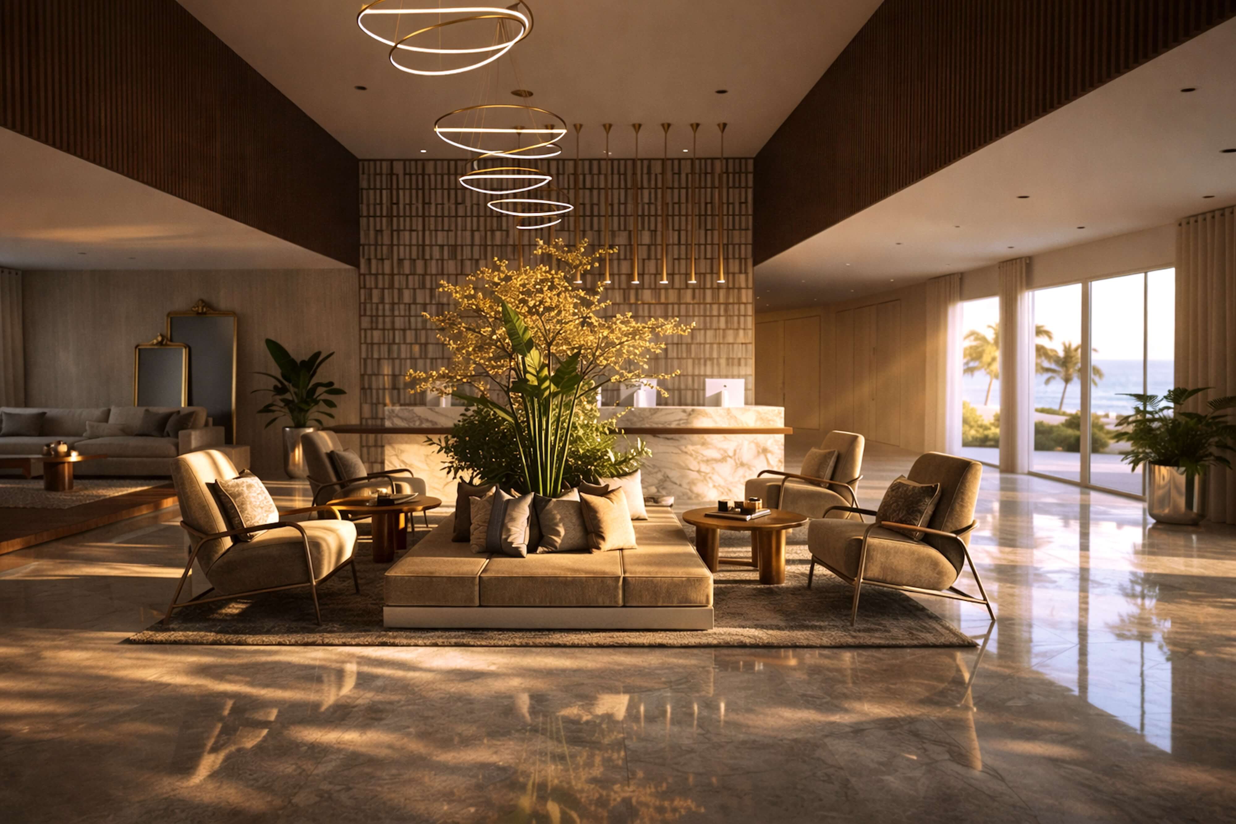 Contemporary lounge design with luxury lounge chairs arranged around a central seating area, golden hour lighting, natural materials, and expansive ocean views.