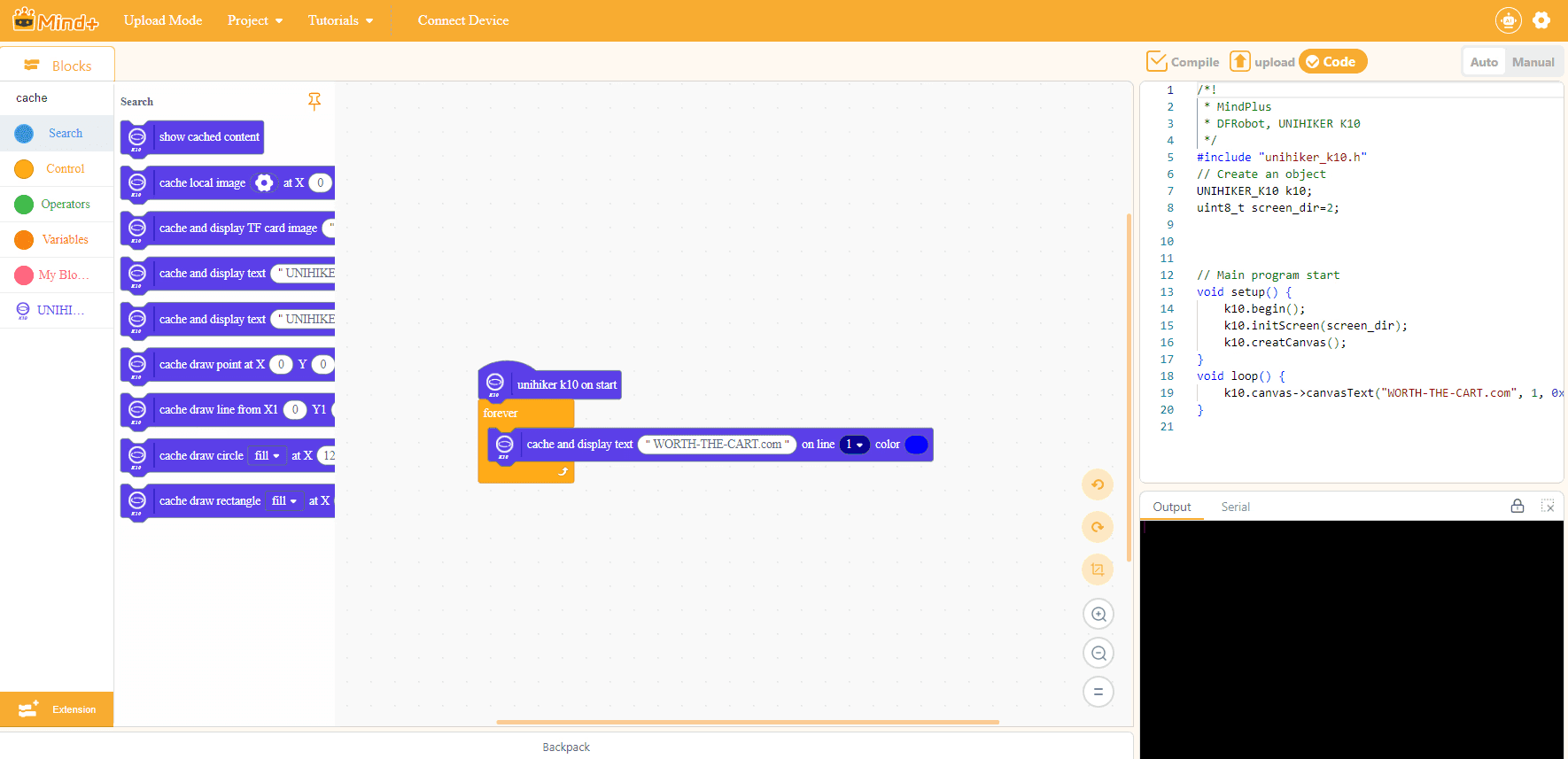 Mind+ coding interface used to program the UNIHIKER K10.