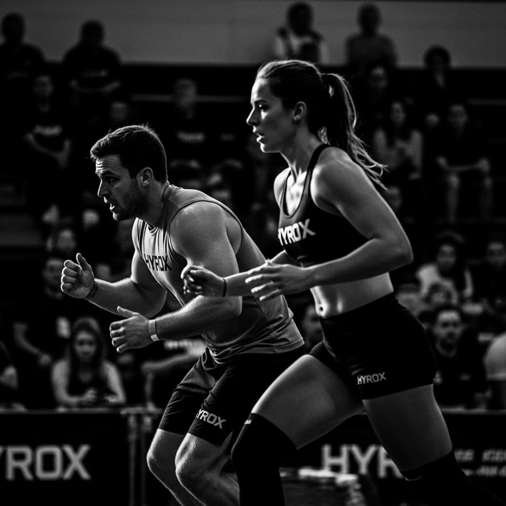 Black and white side profile of a man and woman in athletic gear focused during a fitness competition.