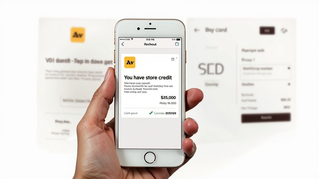 A person holds an iPhone displaying a mobile app showing available store credit of $25,000.