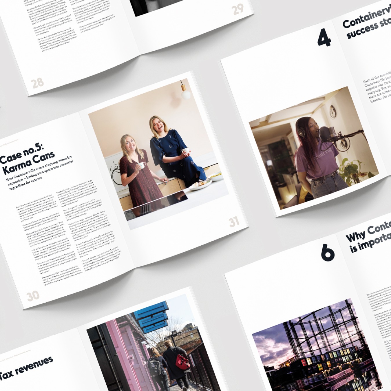 Editorial design for Containerville's Economic and Social Impact Report.