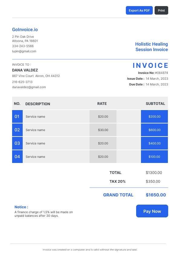 Holistic Healing Session Invoice