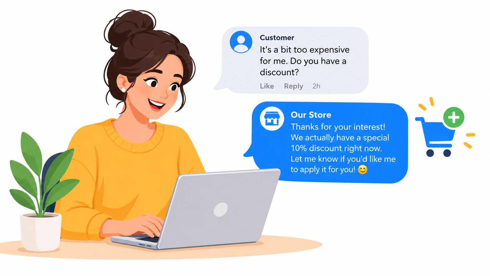 A woman using a laptop to respond to a customer comment on social media about discounts.