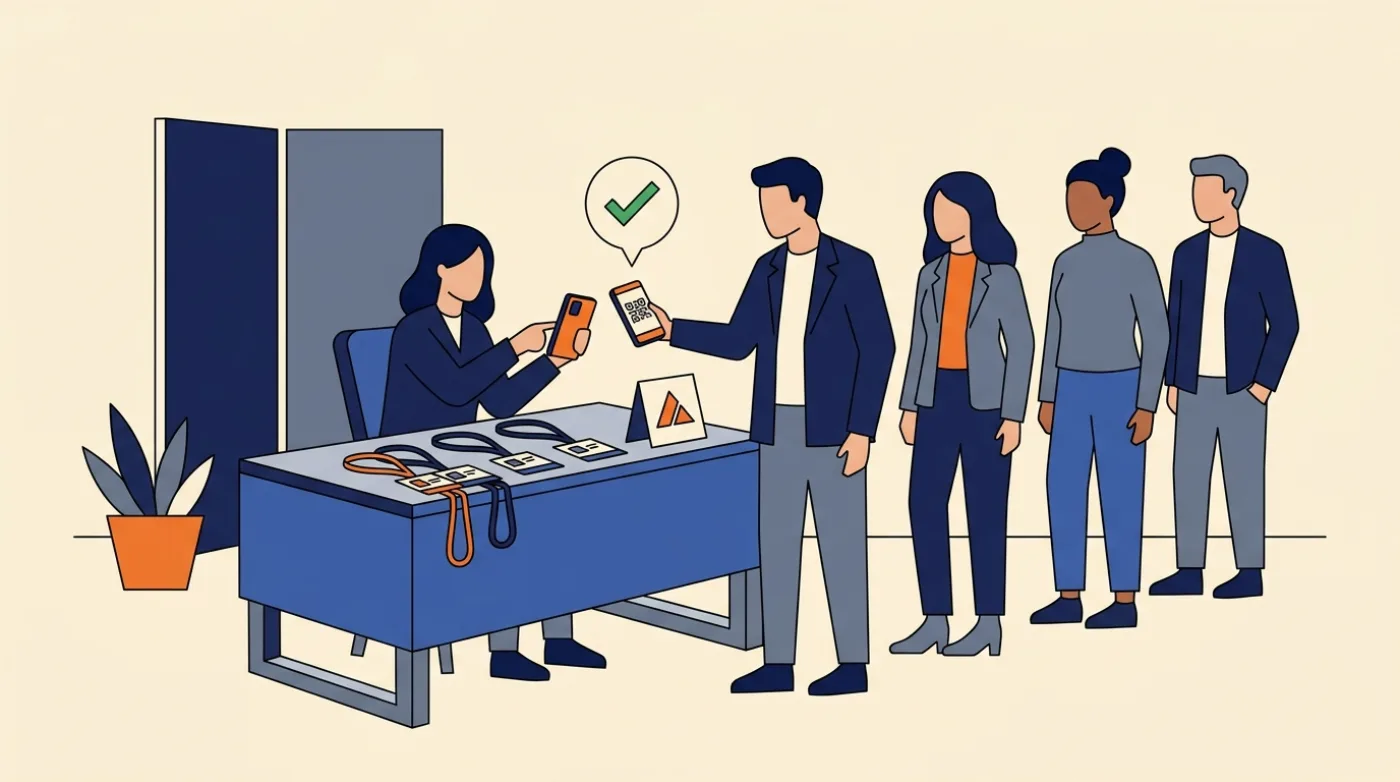QR code check-in at an event entrance, with a staff member scanning an attendee's ticket in the event app