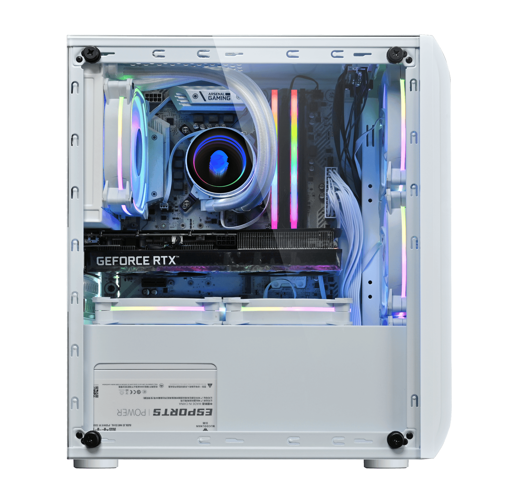 This high-performance gaming PC setup features a modern, white case with a transparent side panel that showcases the vibrant internal components. Inside, you see an advanced cooling system with a large, circular blue LED fan at the center, flanked by high-speed RAM and a top-tier NVIDIA GeForce RTX graphics card. This setup is ideal for gamers looking for peak performance and style, equipped to handle the latest video games at ultra settings, ensuring smooth gameplay and stunning graphics.