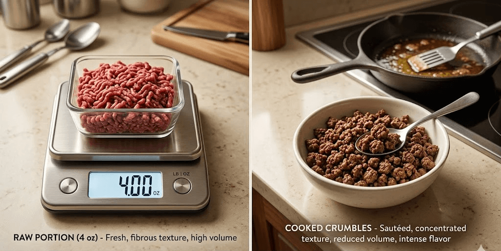 A side-by-side comparison of 4 ounces of raw ground beef in a glass dish on a scale versus the same amount cooked in a pan to illustrate fat rendered and food volume loss after cooking.
