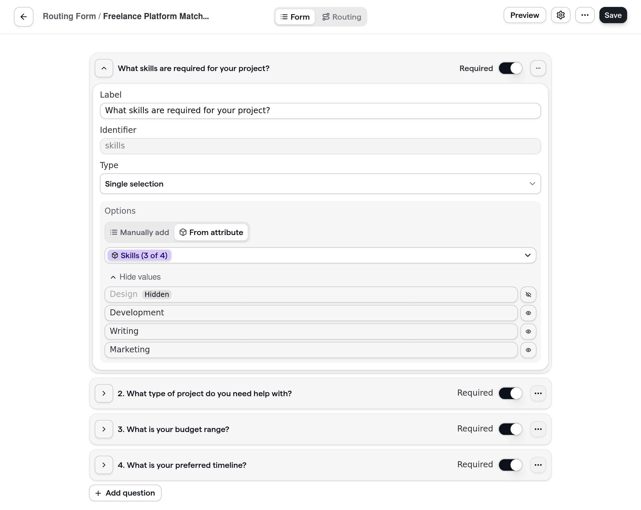 Cal.com routing form showcasing customizable questions for freelance project needs, skill requirements, and budget to match clients with the right freelancer.