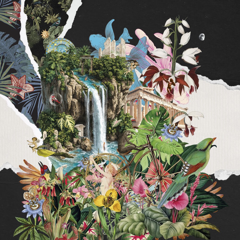 Collage surrealista 'Fragment of Happiness' con cascada y monumentos antiguos, una alegoría visual del ecosistema creativo y la filosofía de Thankium