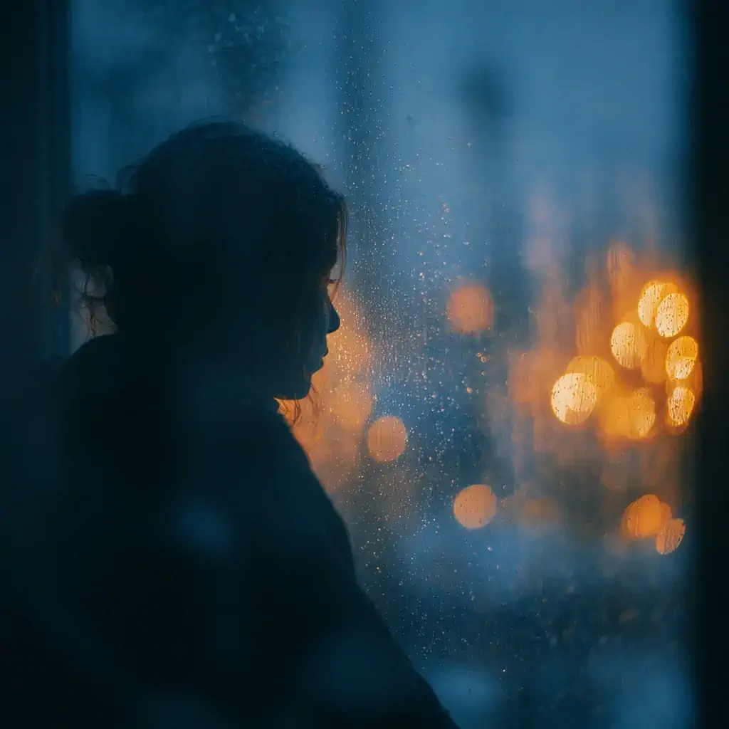 Portrait en silhouette devant une fenêtre illuminée, illustrant un moment d’introspection pendant les fêtes.