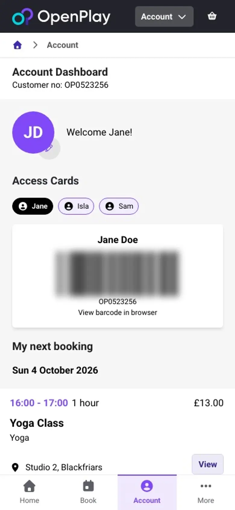 Animation: a member opens Guest Passes from the dashboard and sends a friend a pass with their name, email and venue