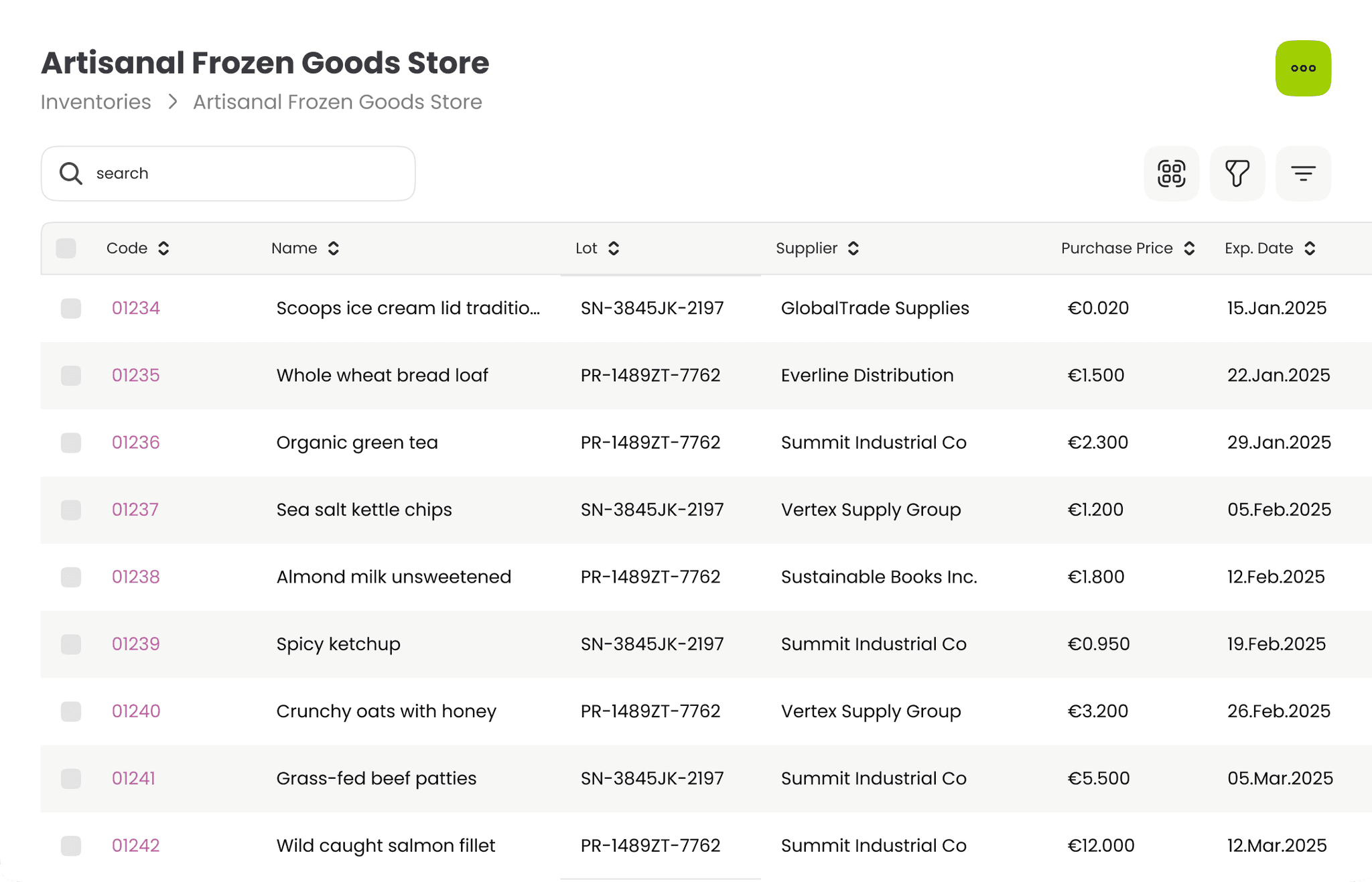 OneAvant Production dashboard displaying Artisanal Frozen Goods Store inventory list with product codes and names for tracking and workflow monitoring.