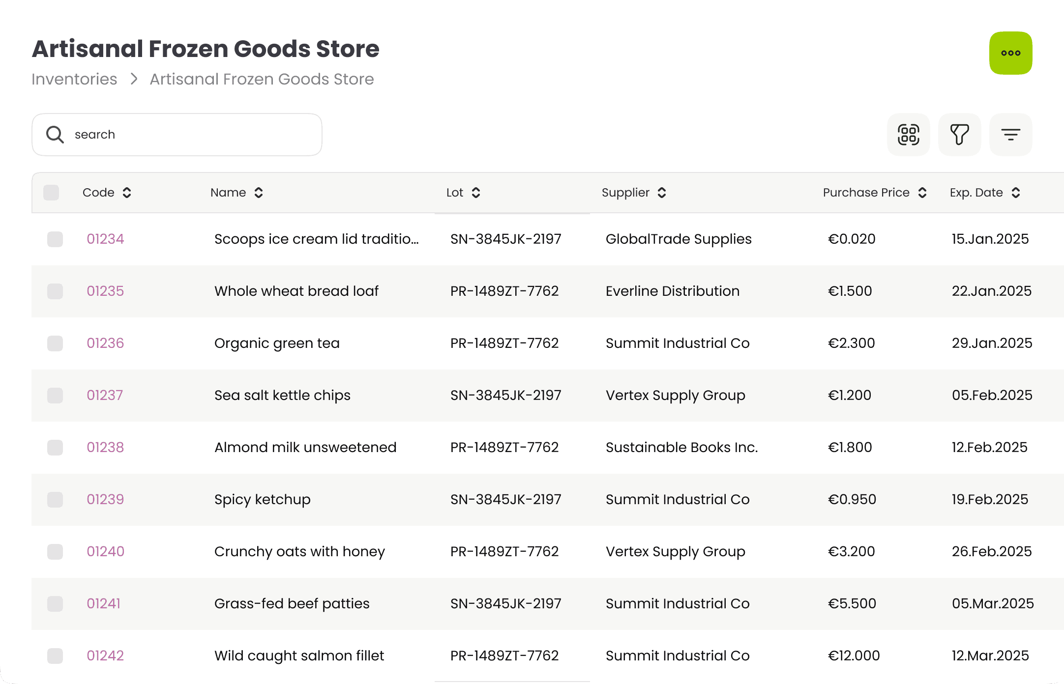 OneAvant Production dashboard displaying Artisanal Frozen Goods Store inventory list with product codes and names for tracking and workflow monitoring.