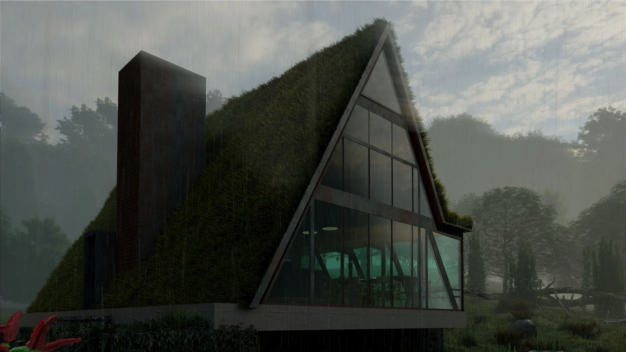 A house with a grass roof and green wall, blending harmoniously with nature's beauty.