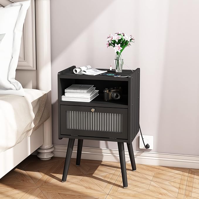 Mid century modern nightstand with charging station – A stylish and functional furniture piece, perfect for any modern home.