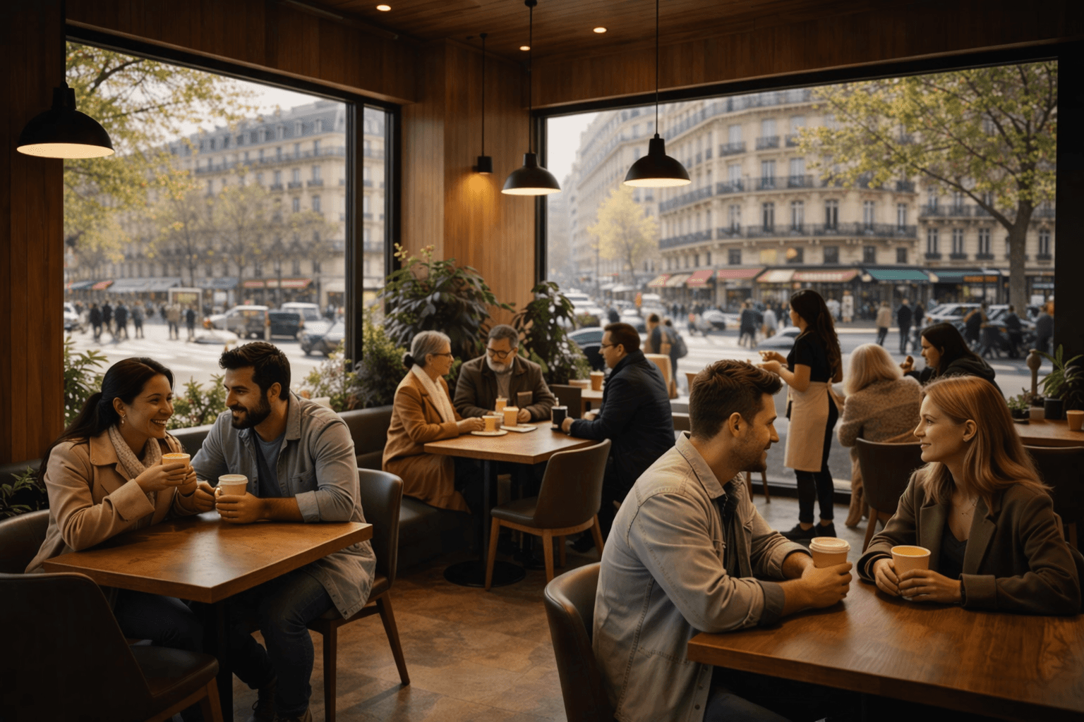 People seated at a café table near a large window, talking while holding coffee cups in a lively urban café.