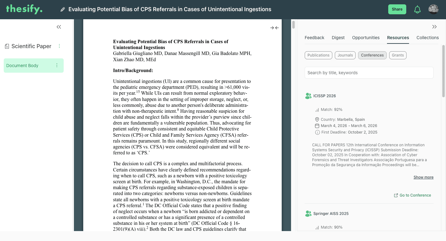 thesify Resources tab showing AI-suggested academic conferences HEALTHINFO 2025 and CENTRIC 2025 with match score, location, dates, and deadlines.