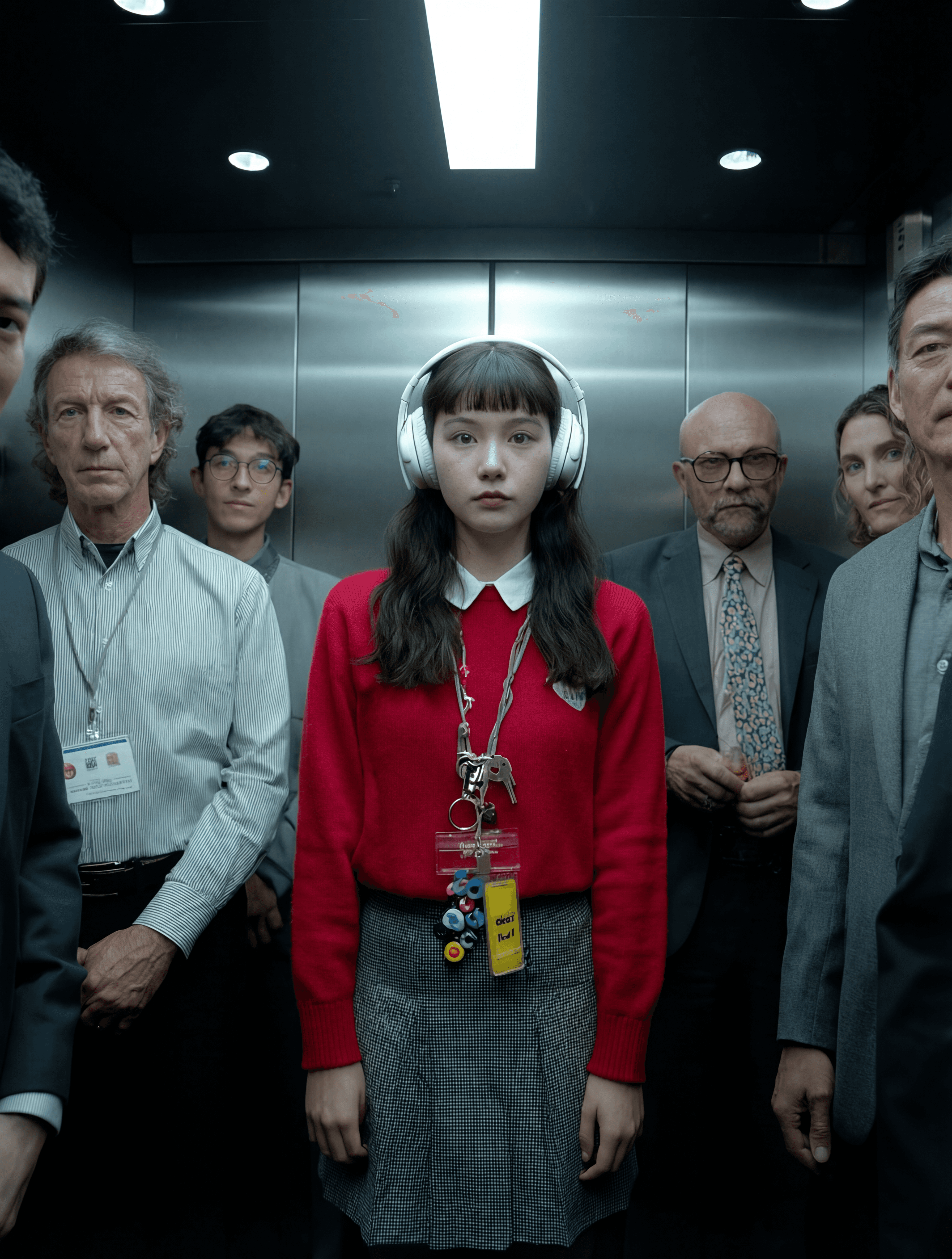 A person with locs pulling a yellow turtleneck over their face.