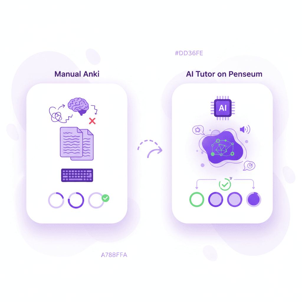 A comparison chart showing a frustrated student typing manually on Anki vs a student listening to a live AI tutor drawing diagrams on Penseum.