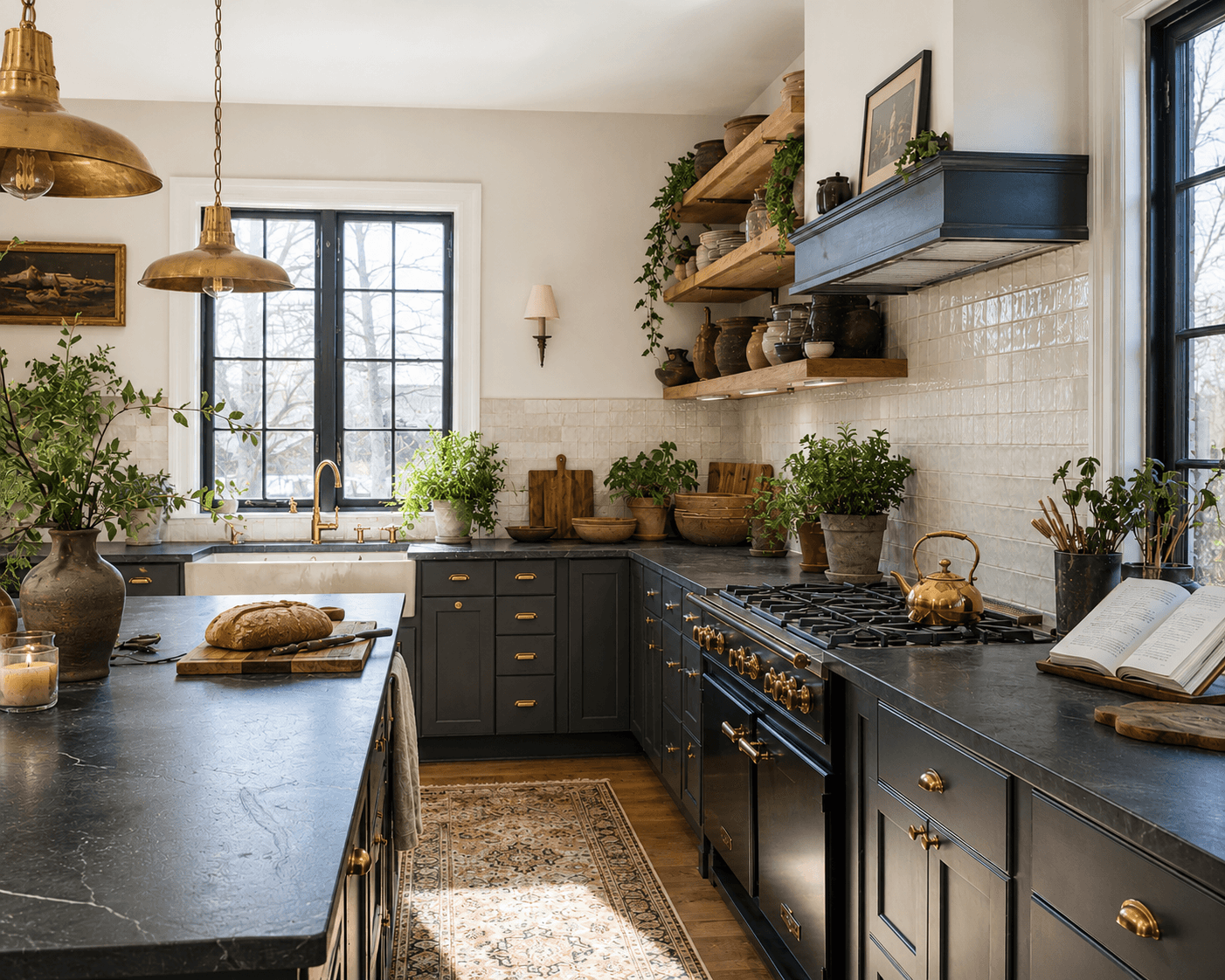 Cottagecore kitchen with black cabinets, brass hardware, open wooden shelves, indoor plants, large windows with natural light, farmhouse sink, marble countertops, and vintage rug for a cozy rustic home cooking space.