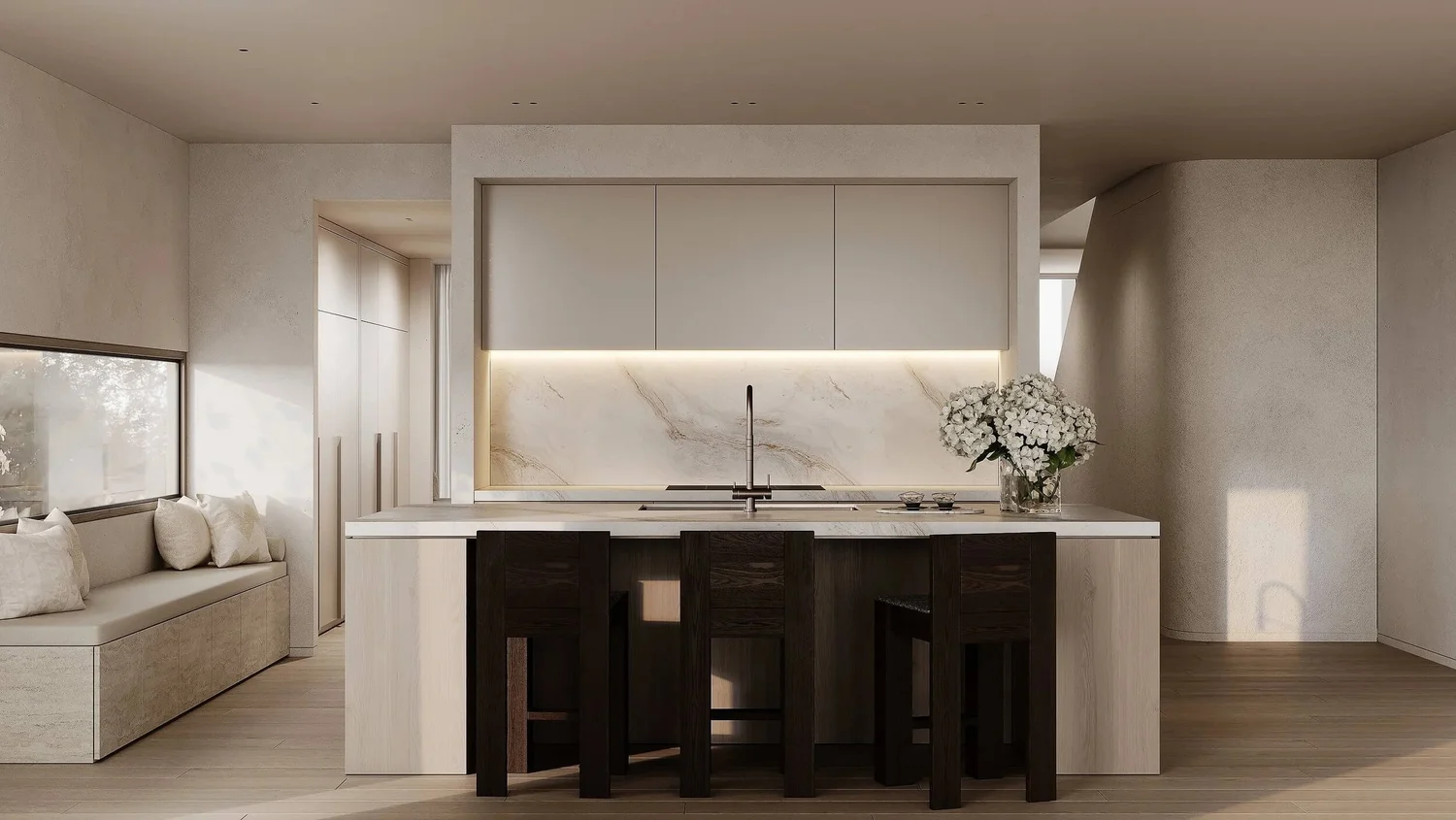 Modern minimalist kitchen with marble backsplash, dark wood stools, and neutral decor.