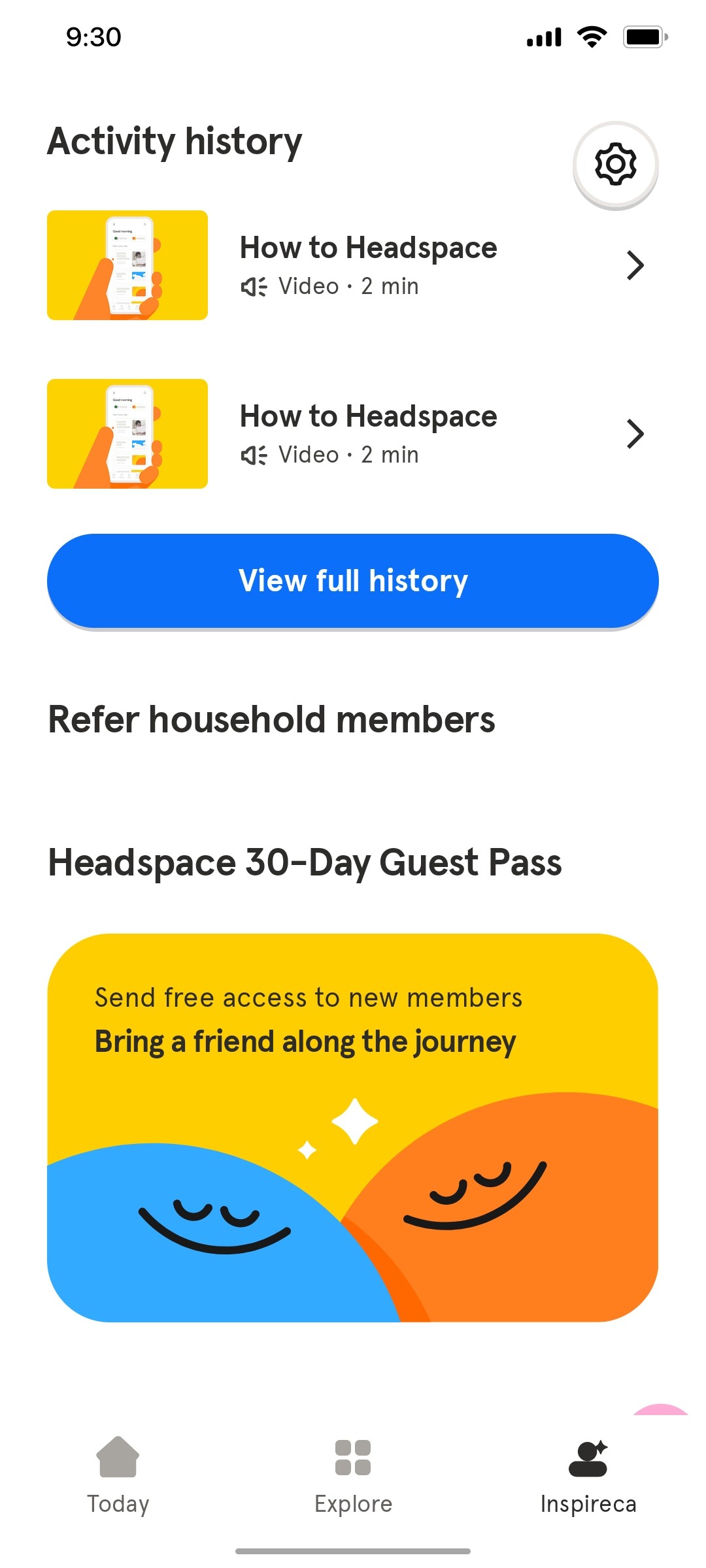 Headspace Activity history screen