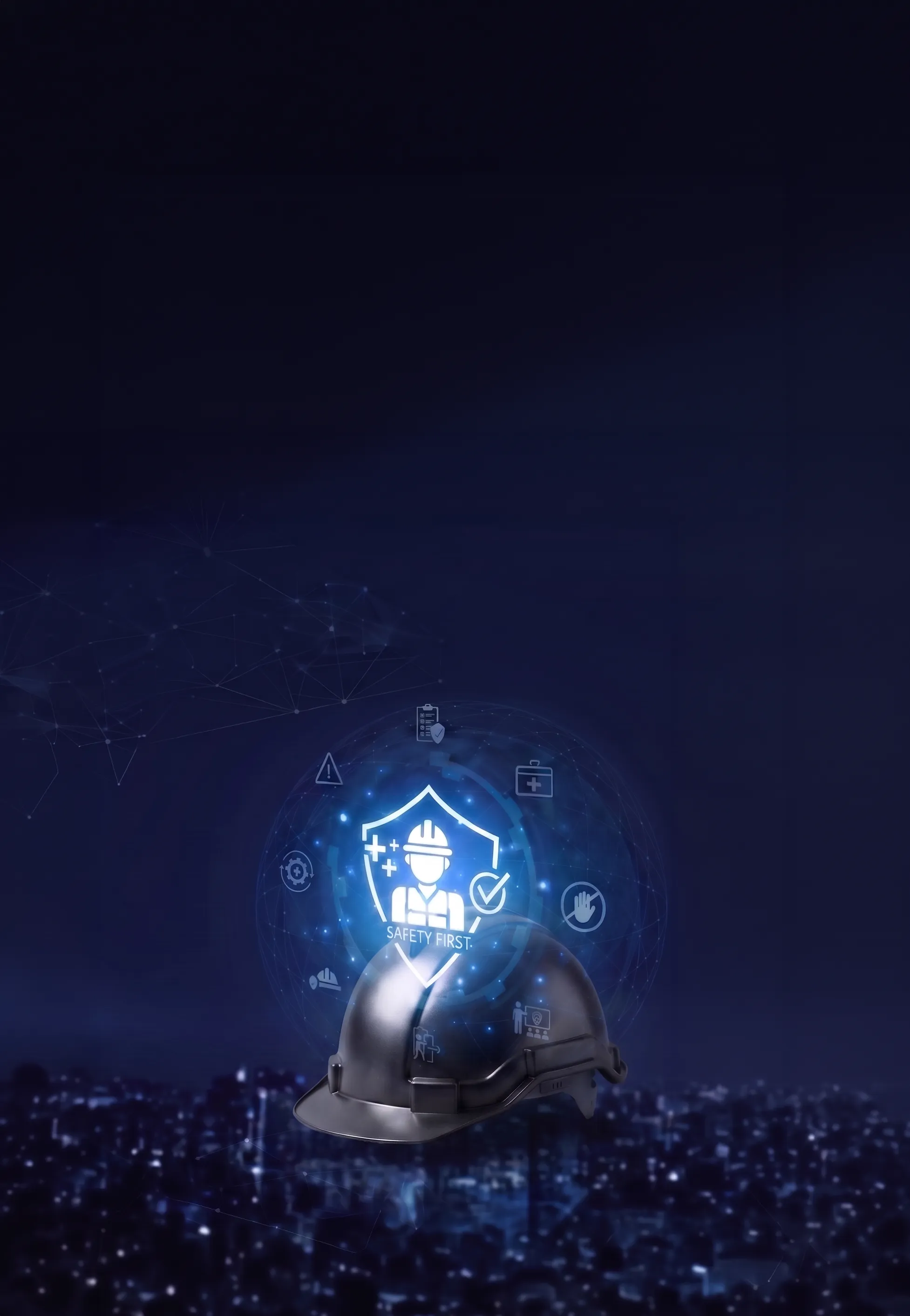 도시 야경 위에 안전모와 SAFETY FIRST 홀로그램이 떠 있는 AI 안전관리 솔루션 플랜투두 대표 이미지