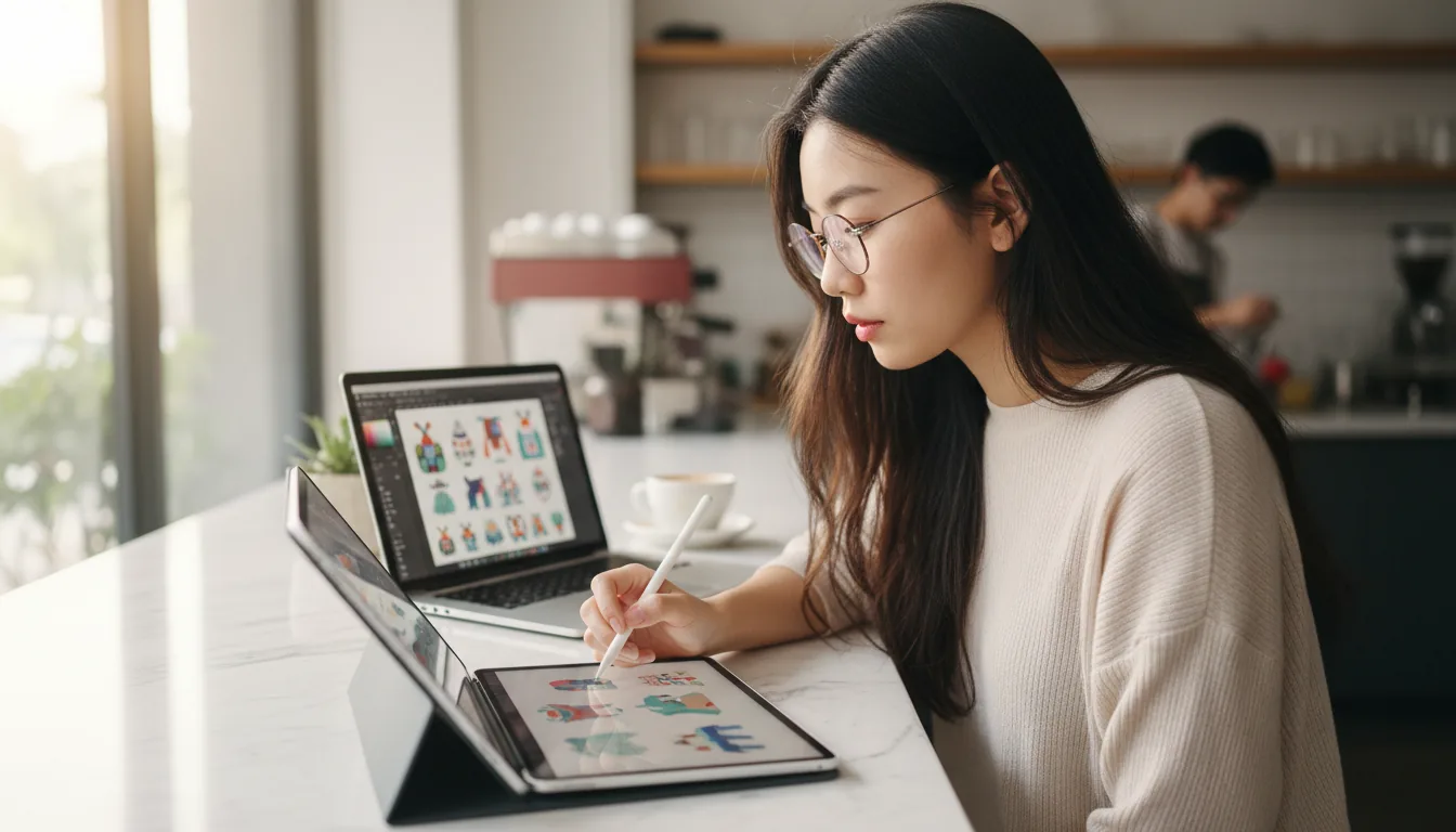 DSLR lifestyle photograph of a young woman with long dark hair and glasses, working at a white marble countertop in a bright, airy cafe. She is intently focused on drawing with a white stylus on an iPad. Next to it, a slim modern laptop displays a graphic design application interface with stylized illustrations. Soft natural daylight from a window illuminates the scene, creating a gentle bokeh effect in the background where a barista is working. The focus is sharp on the woman and her digital creative workspace, capturing a moment of productivity.