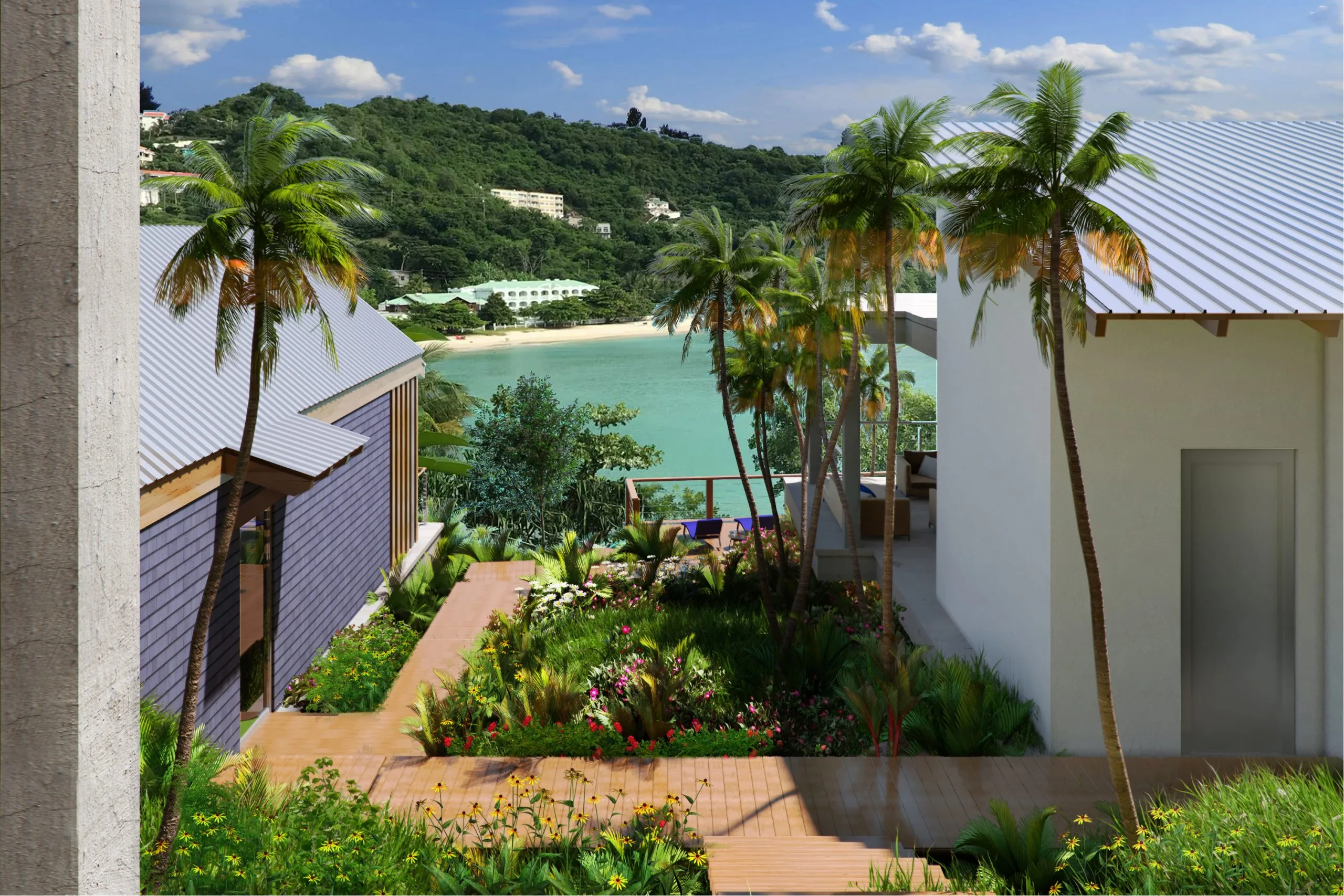 3D rendering of waterfront residential compound with tropical gardens and bay views in St. Lucia