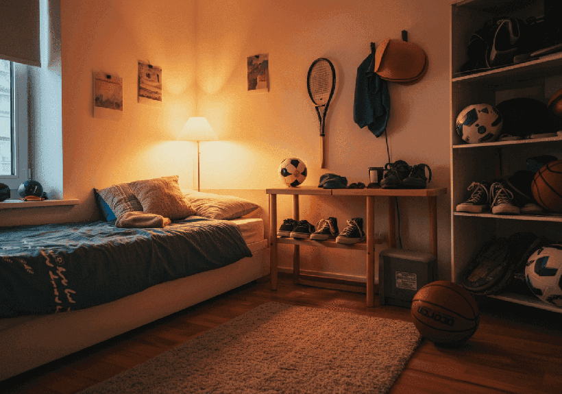 Pokój nastolatka wypełniony sprzętem sportowym