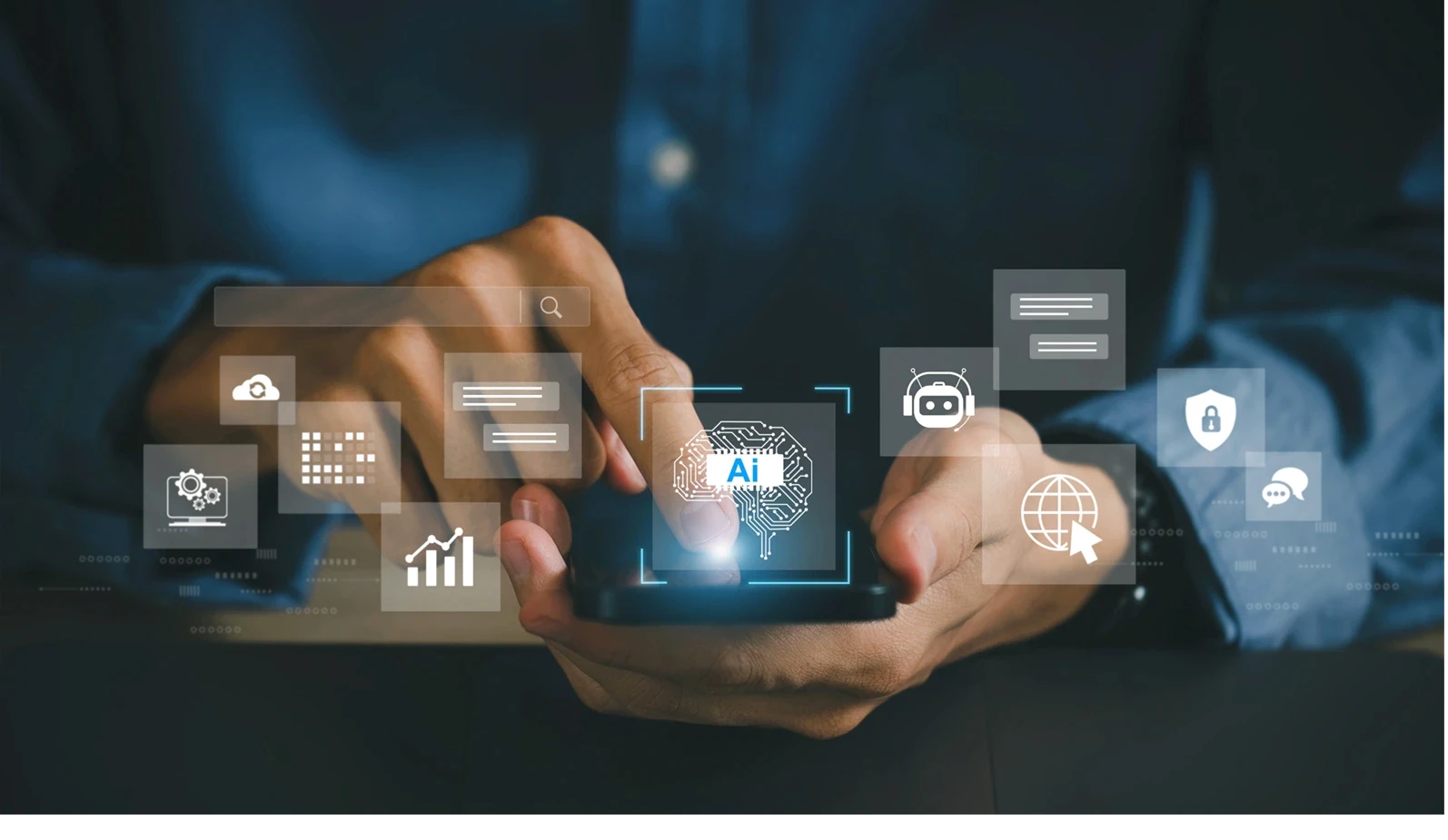 Man using mobile phones working with Artificial Intelligence Automation, Chatbot Chat with AI, using technology smart robot AI, analyze customer data, IoT, innovative. business and technology.