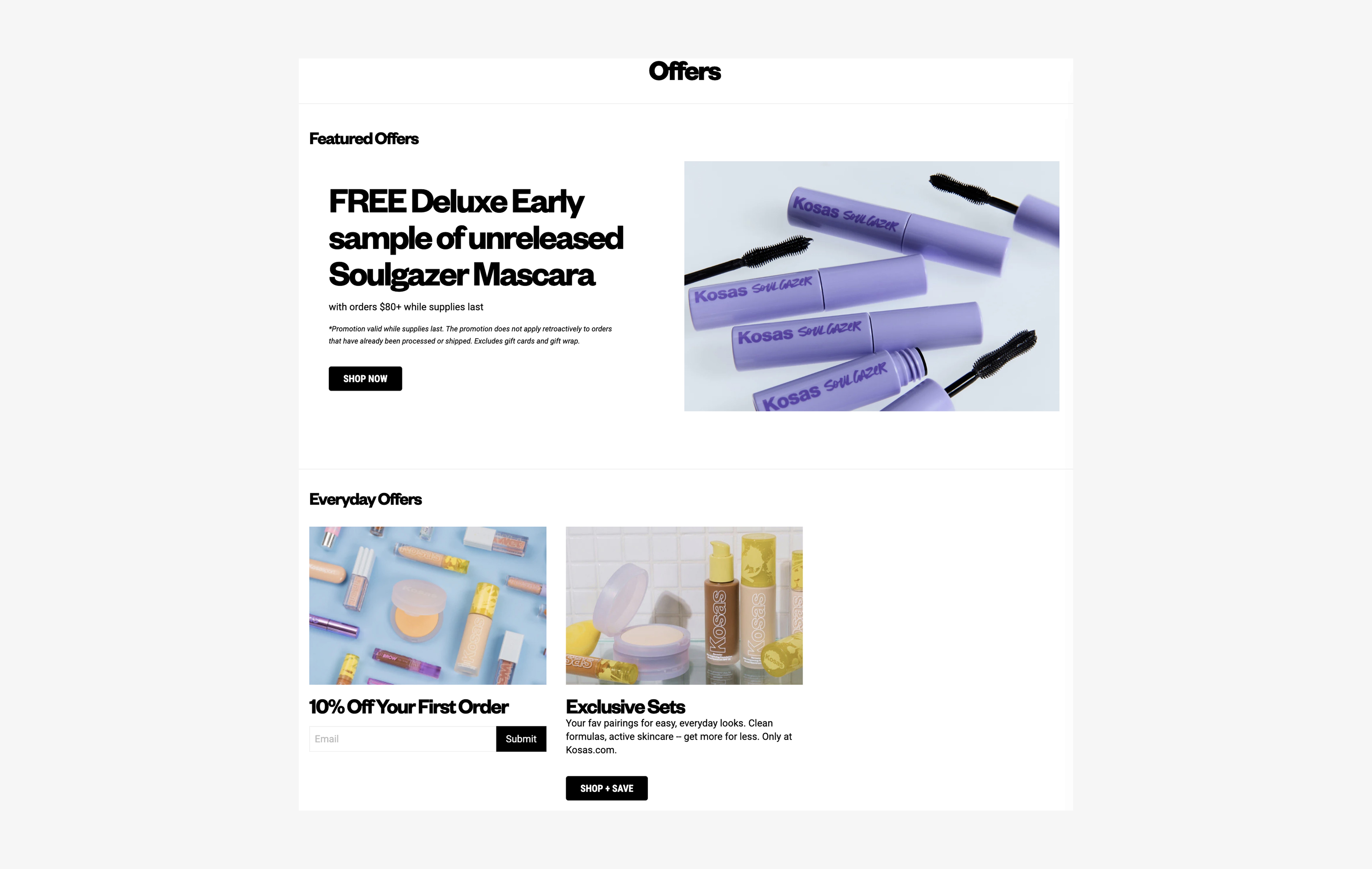 Kosas offers page listing active promotions and bundle deals