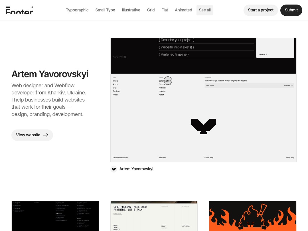Web designer portfolio with bold text and minimalist layout.