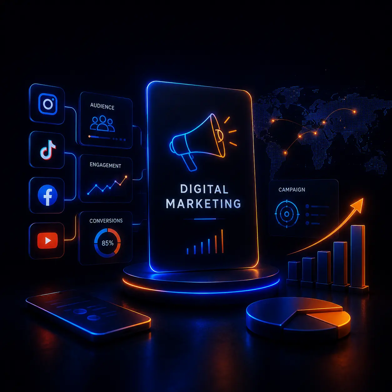Futuristic digital marketing campaign concept with social media icons, analytics charts, growth visuals, and blue orange neon lighting for Lumis agency