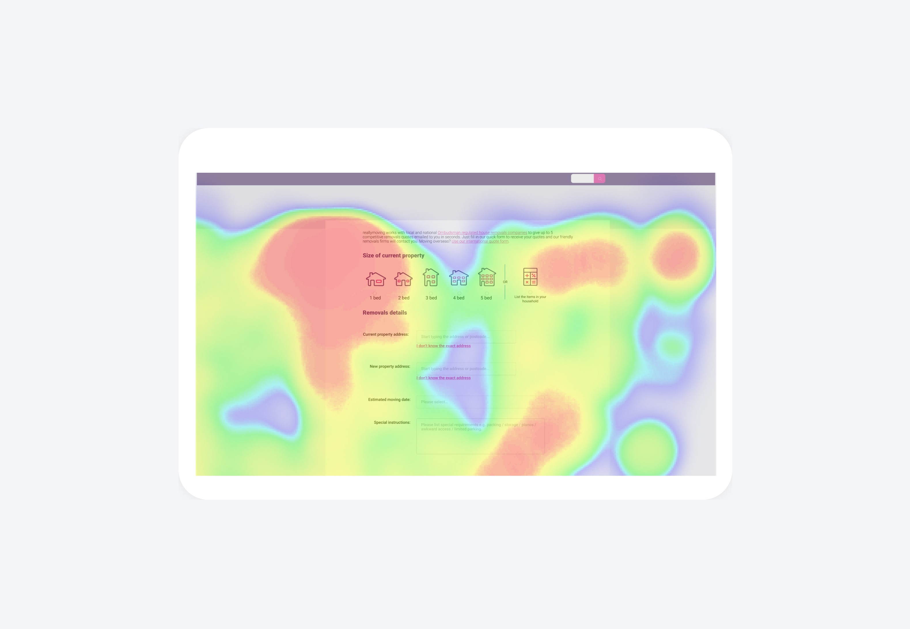 Heatmap of a page the volume calculator can be accessed from.