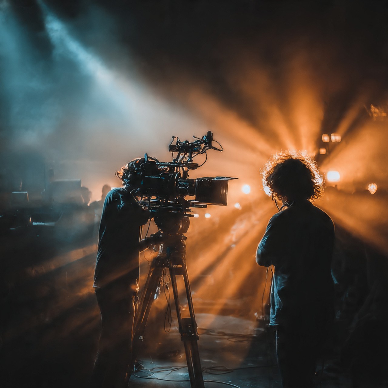 Silhouetted camera crew filming with bright stage lights creating dramatic rays in a smoky ambiance, conveying a cinematic and intense mood.