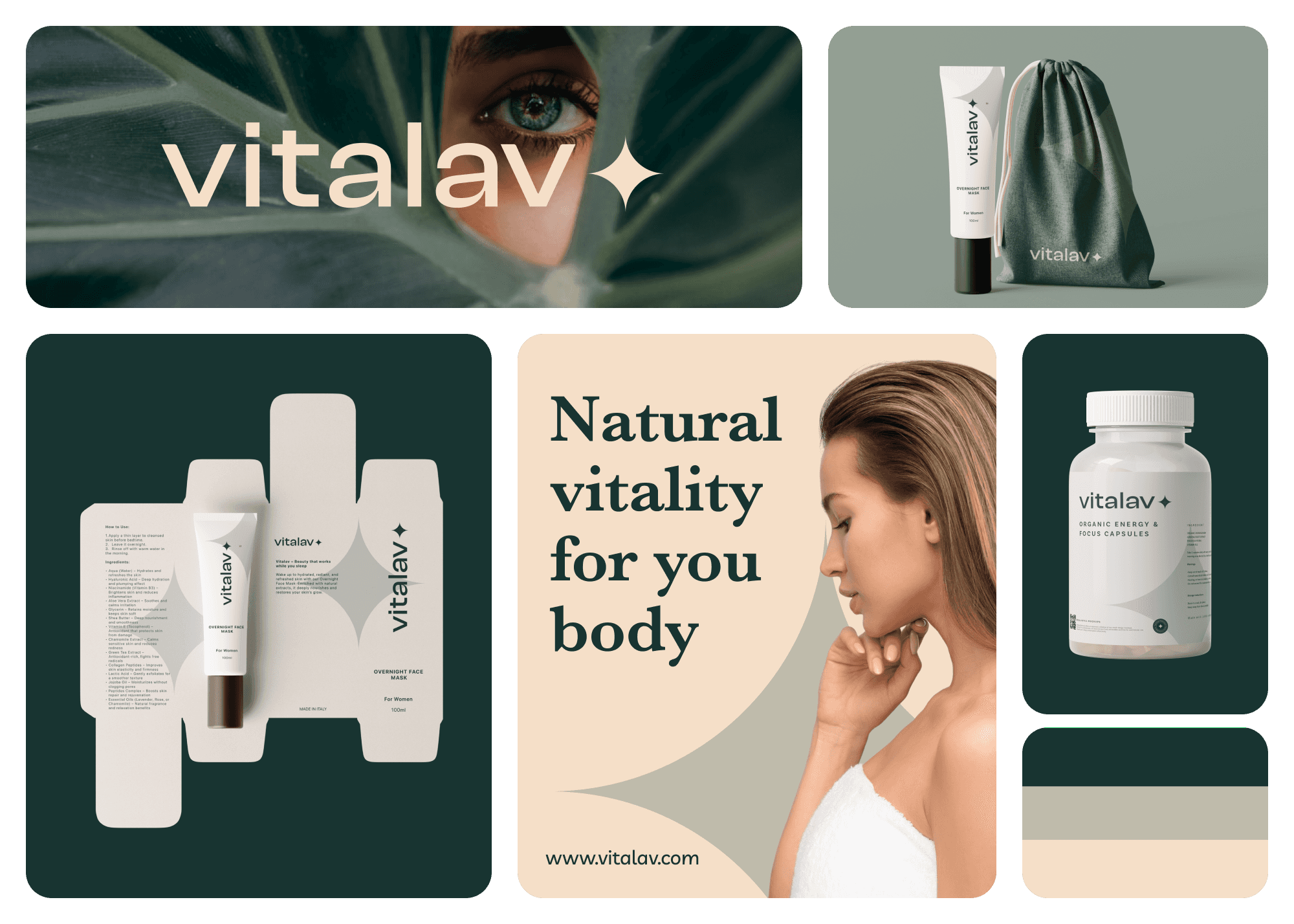 Full packaging and visual identity suite for wellness brand Vitalav, with emphasis on natural vitality and elegance.