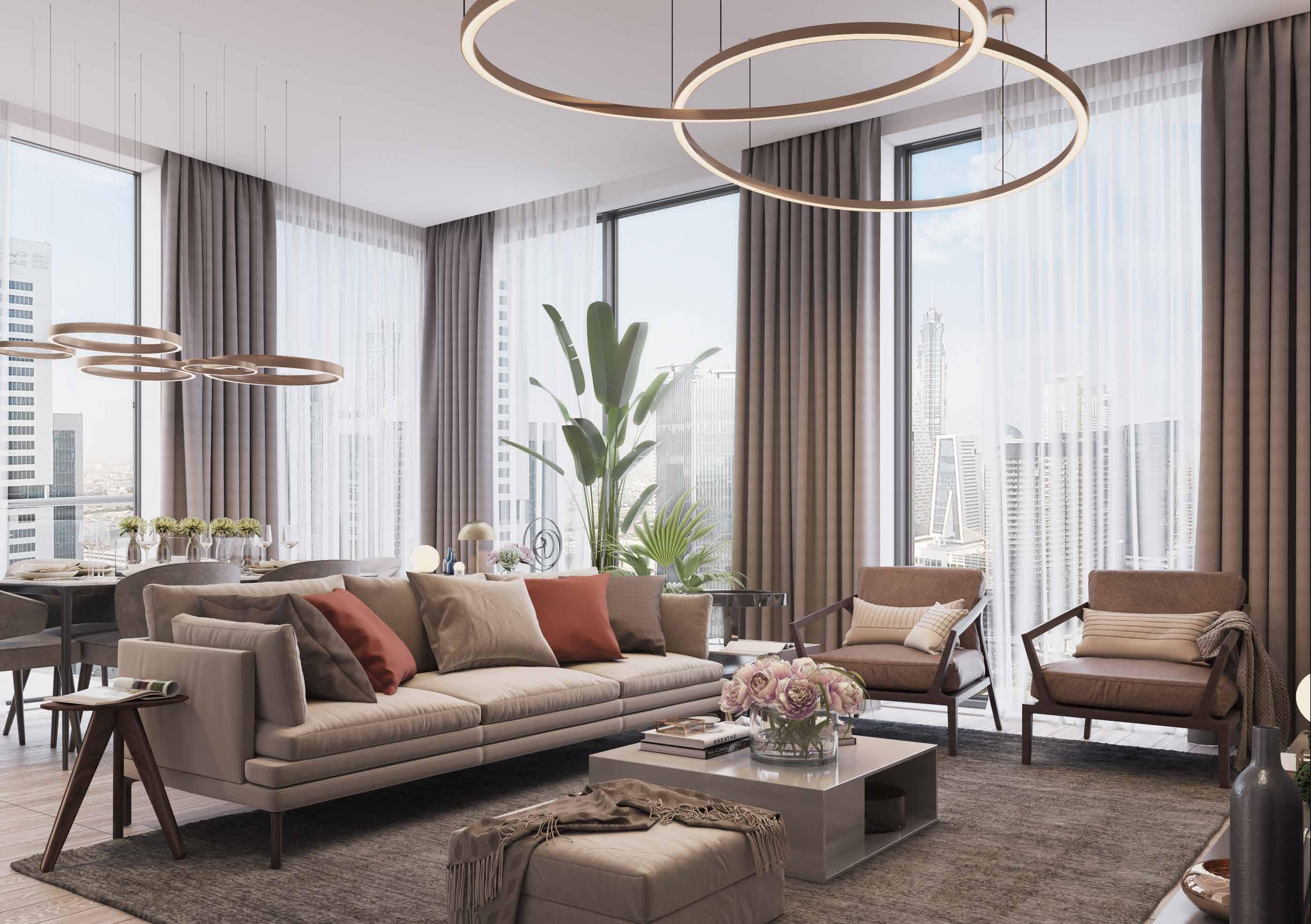 Spacious, sunlit living room with contemporary decor, perfect for luxury lifestyle property listings.