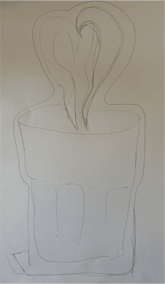 Pencil sketch of a tea cup with large heart-shaped steam rising above it.