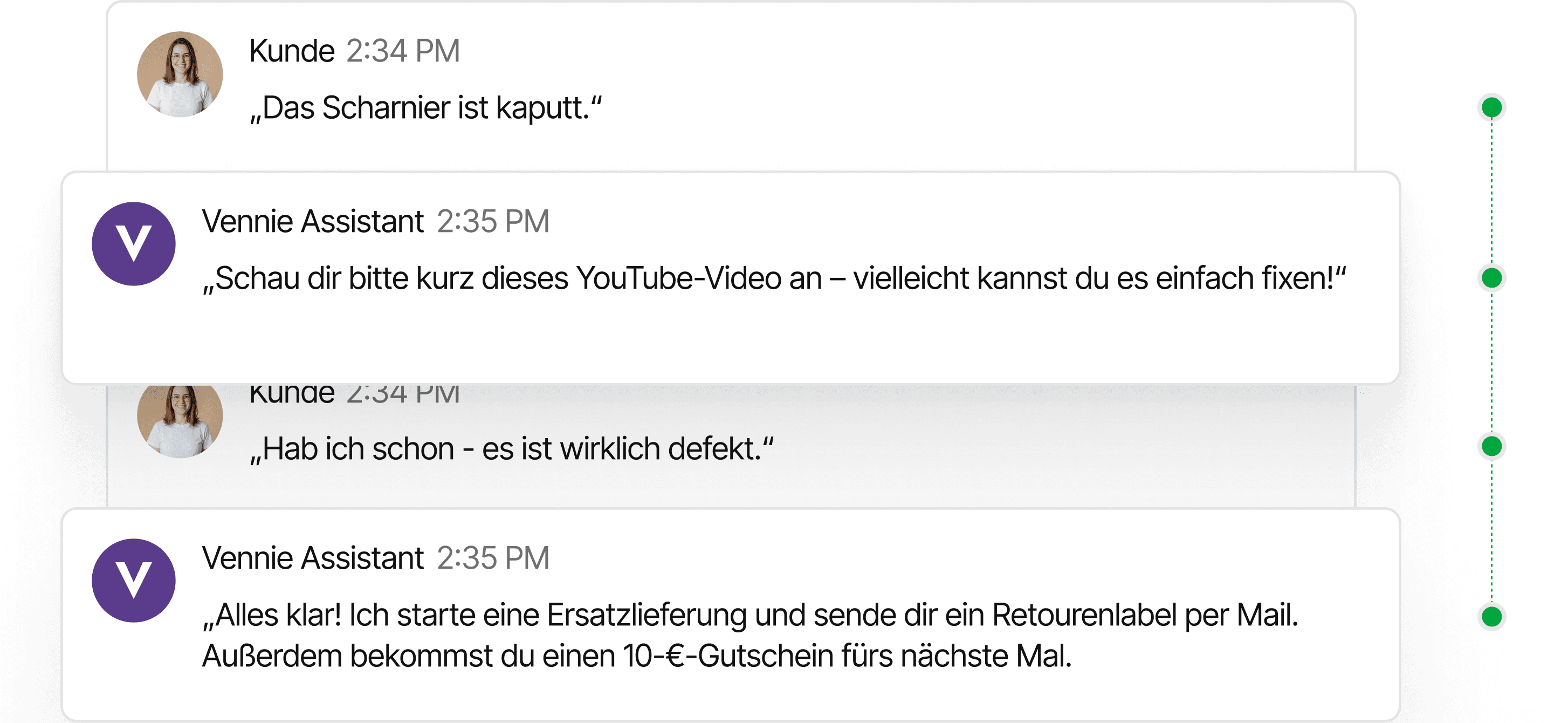 KI-Chatbot vennie schreibt mit Kunden und löst Reklamationen selbstständig.