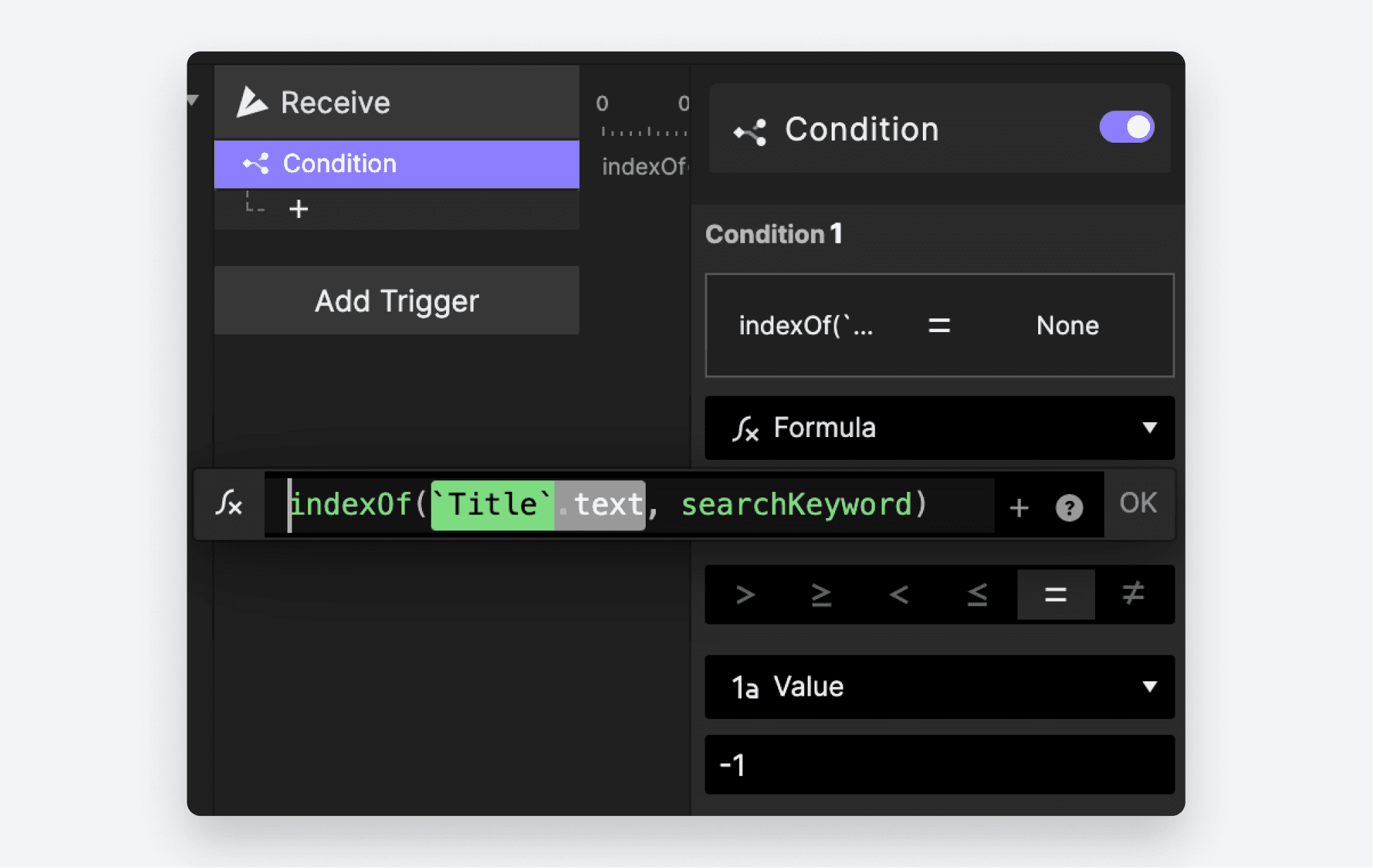Use ProtoPie’s built-in indexOf() function in our condition