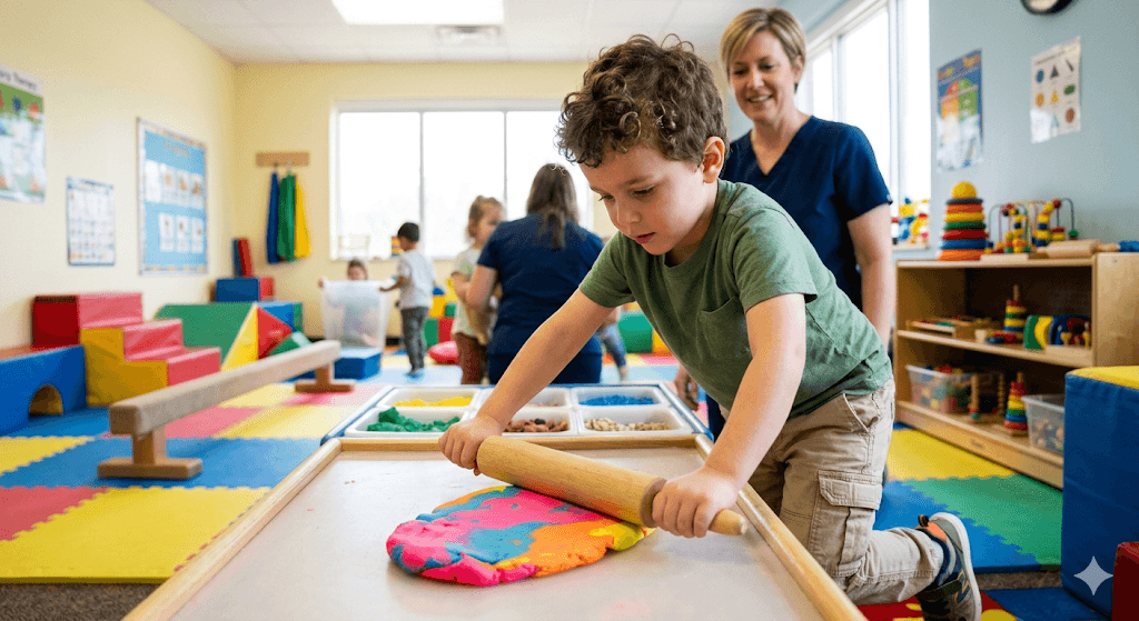 An engaging photo of a child actively participating in a sensory therapy activity, such as doing jumping jacks or using a rolling pin on brightly colored playdough. Both hands are engaged equally, highlighting bilateral coordination. The setting is a brightly lit, cheerful pediatric therapy room.