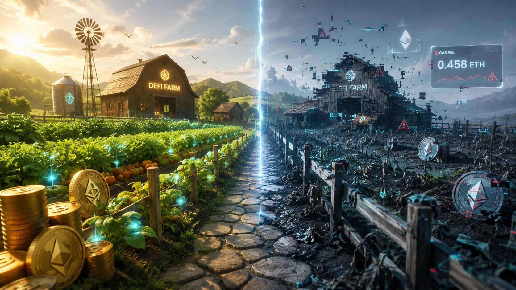 A split scene comparing a lush, flourishing DeFi farm with a decaying, broken crypto farm landscape.