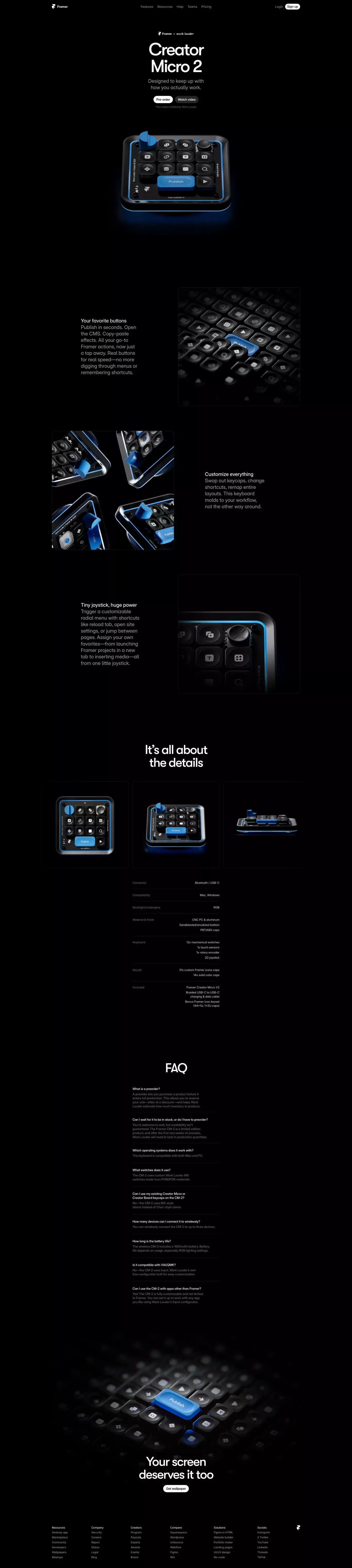 Framer CM-2 by Work Louder landing page screenshot showcasing Tech and Design design