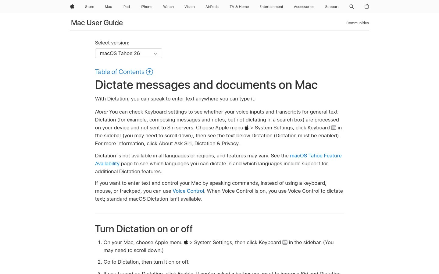 Apple Dictation support page screenshot